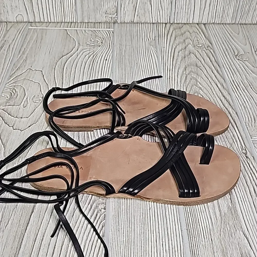 Via Spiga Allegra Ankle Wrap Black Leather Sandals Womens Size 6.5 New